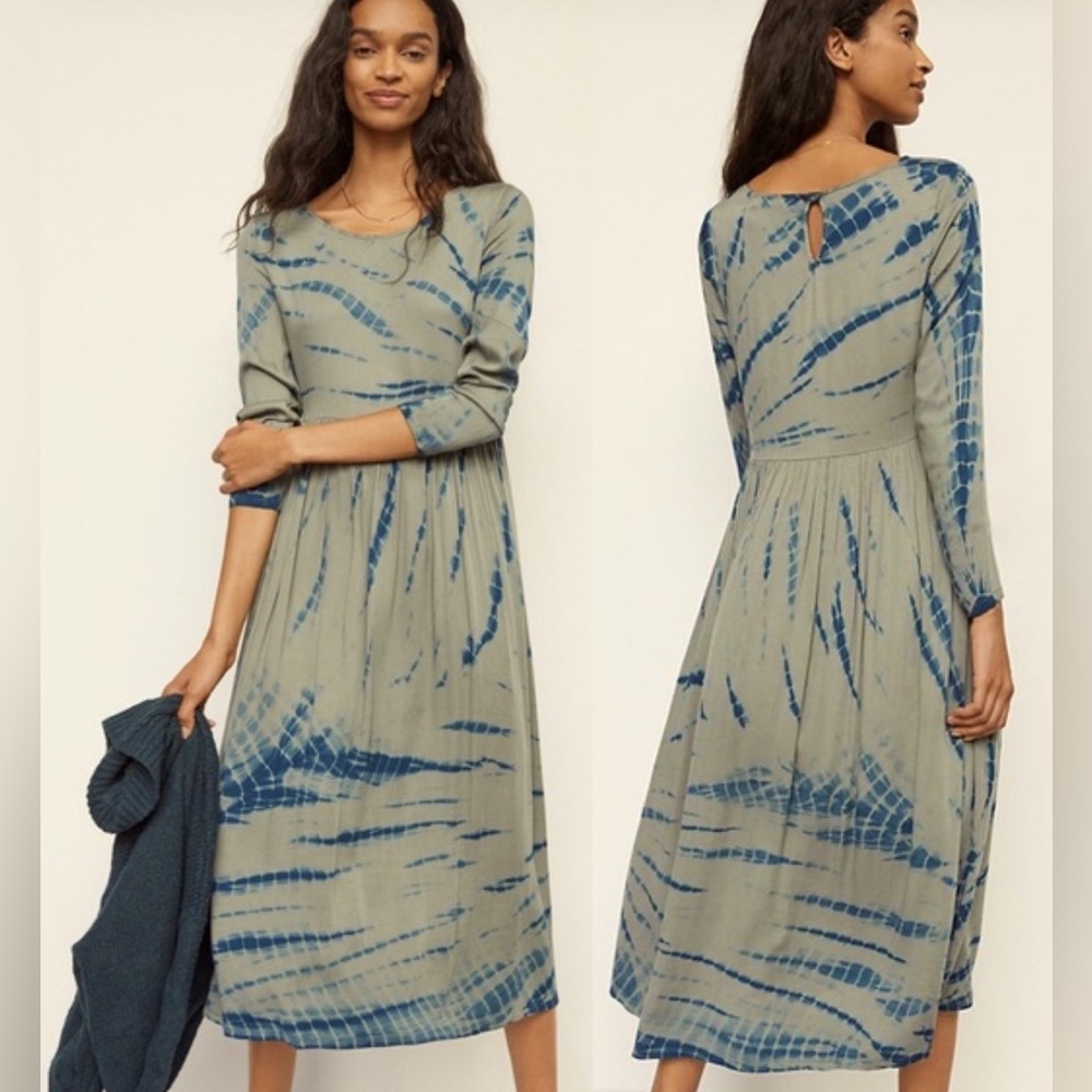 Anthropologie Olive Green and Navy Tie-Dye Midi Dress